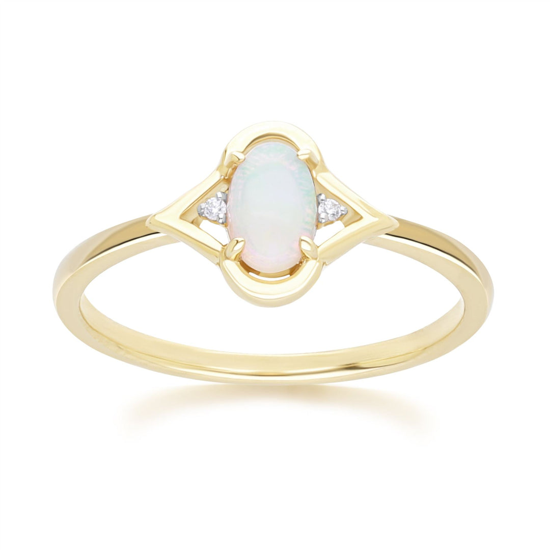 Classic Oval Opal & Round Diamond Ring in 9ct Yellow Gold