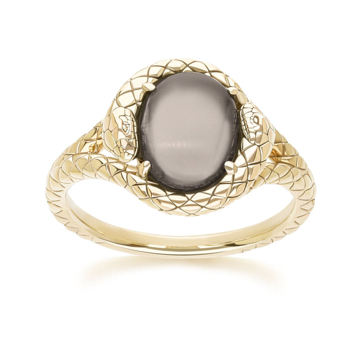 ECFEW™ Oval Black Moonstone snake two-headed coiled bezel-set cabochon ring in gold vermeil sterling silver