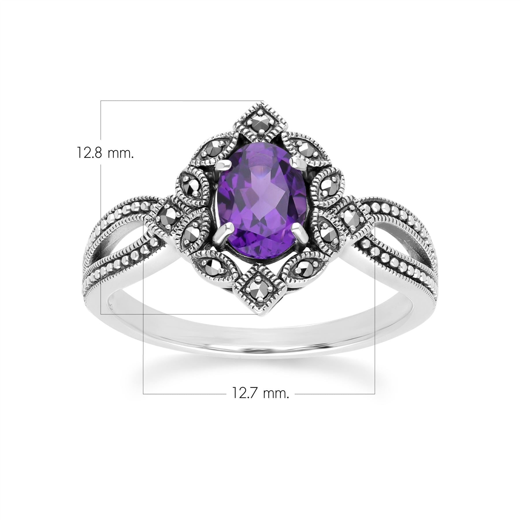 Art Deco Style Oval Amethyst & Marcasite Ring in Sterling Silver