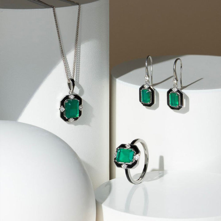 Grand Deco Black Enamel, Green Chalcedony & Topaz Drop Earrings in Sterling Silver