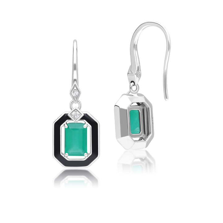 Grand Deco Black Enamel, Green Chalcedony & Topaz Drop Earrings in Sterling Silver