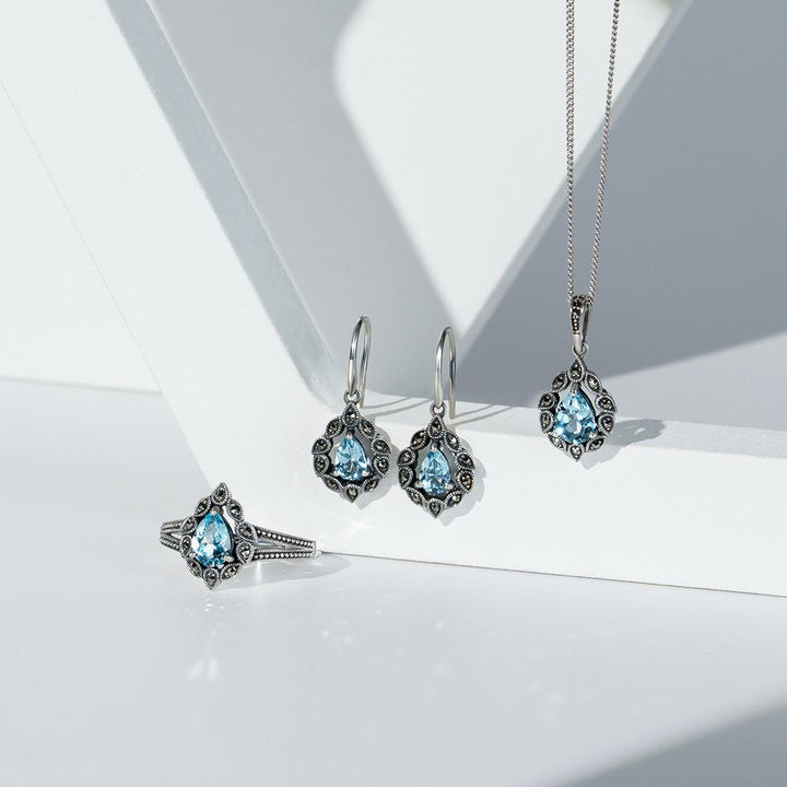 Art Deco Style Pear Blue Topaz & Marcasite Drop Earrings in Sterling Silver