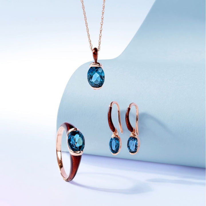 Siberian waltz Oval london blue topaz  with brown enamelled half-bezel set french hook earrings in rose gold vermeil sterling silver