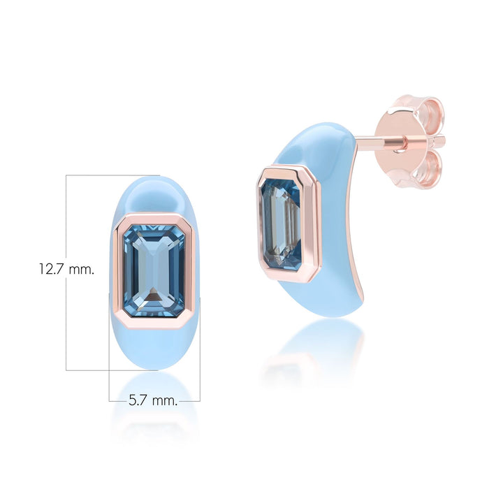 Siberian Waltz Blue Enamel & Octagon Sky Blue Topaz Half Hoop Earrings In Rose Gold Vermeil