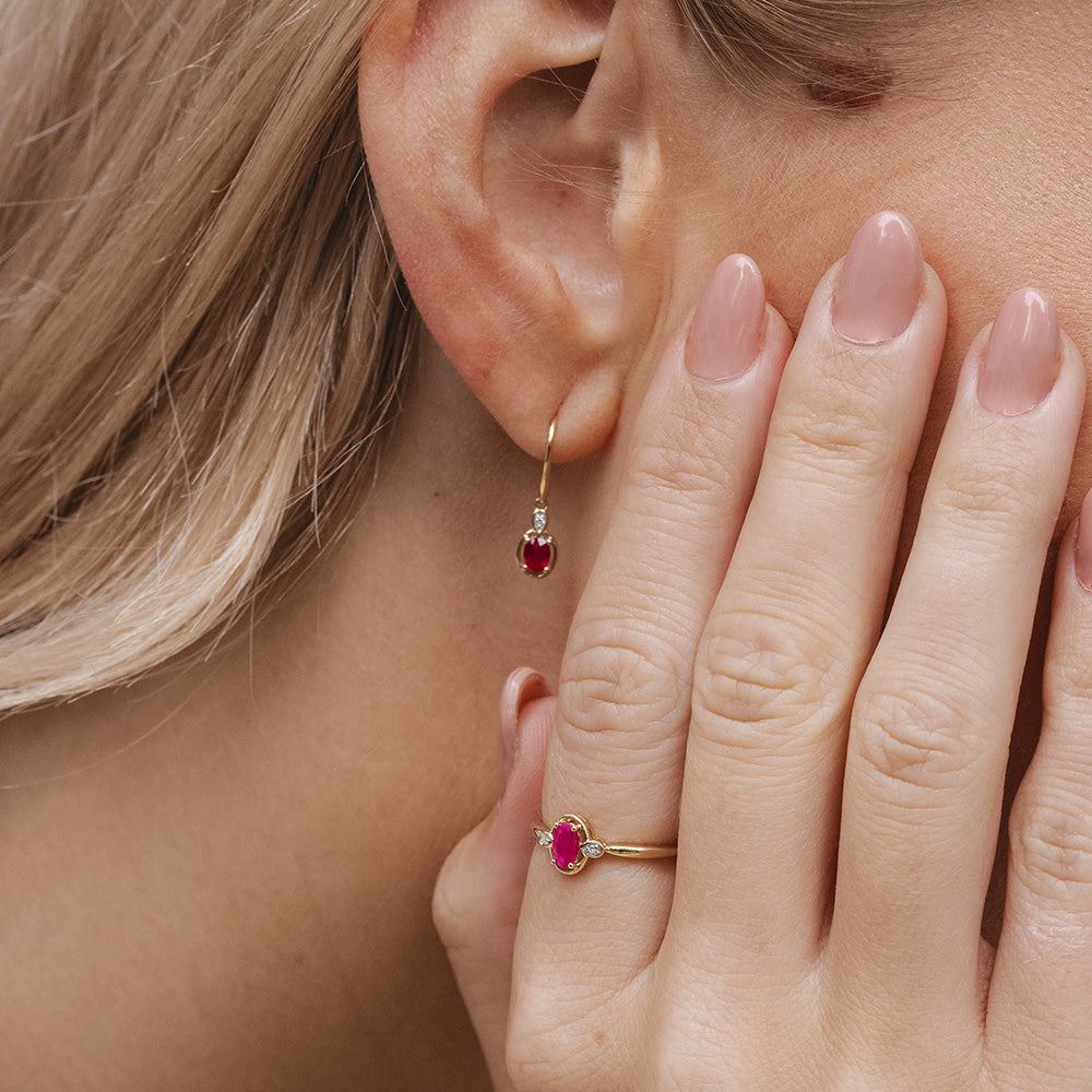 Classic Oval Ruby & Round Diamond Drop Earrings In 9ct Yellow Gold