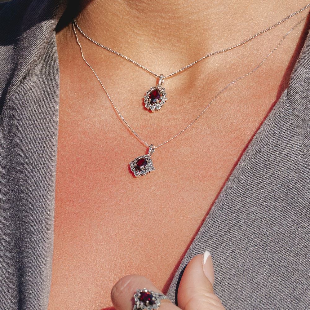 Marcasite Garnet Solitaire Necklace Art Deco Style Oval Garnet