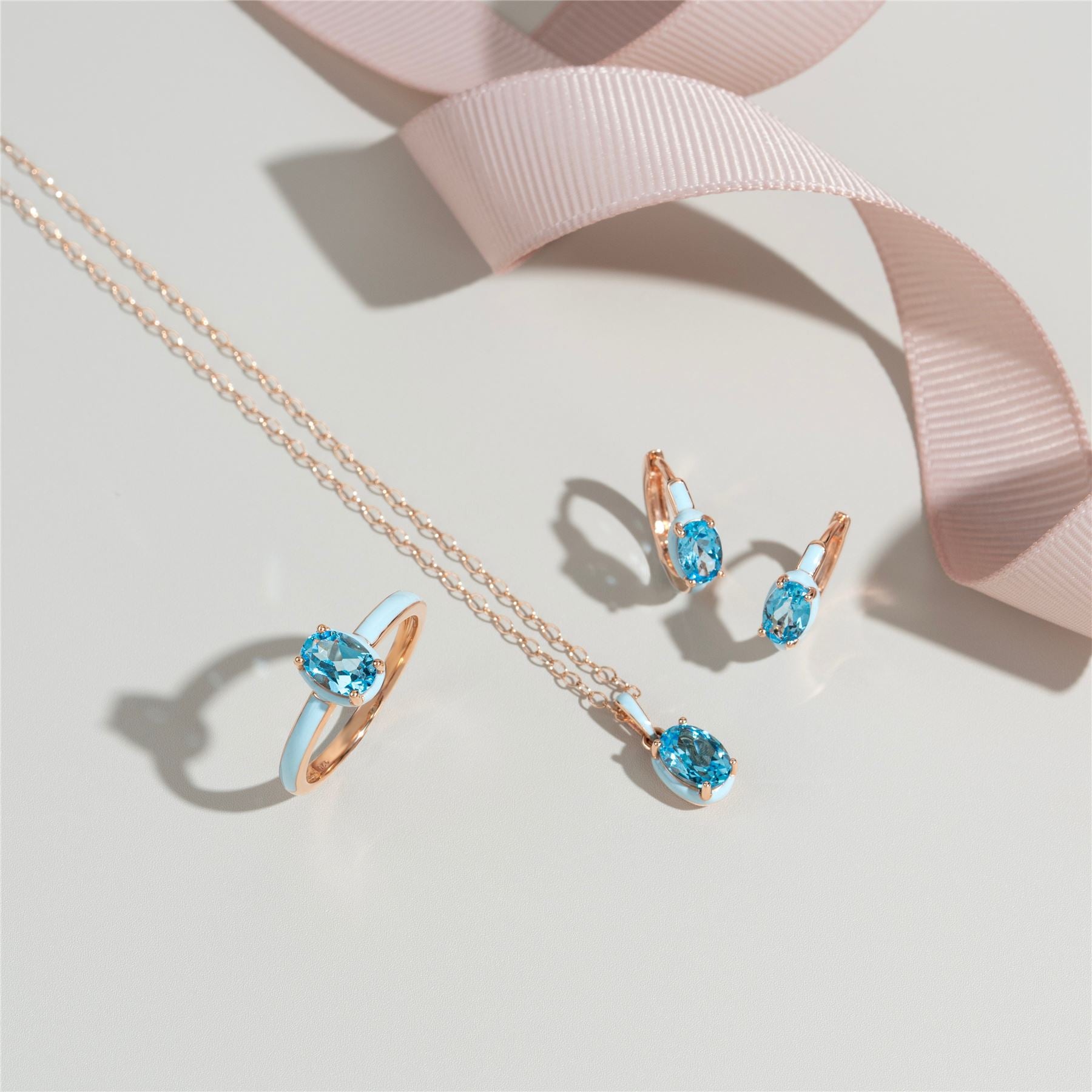 Siberian Waltz Blue Enamel & Oval Sky Blue Topaz Ring In Rose Gold Vermeil