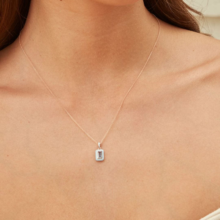 253P335501925 Siberian Waltz Blue Enamel & Swiss Blue Topaz Pendant In 18ct Rose Gold Plated Sterling Silver On Model