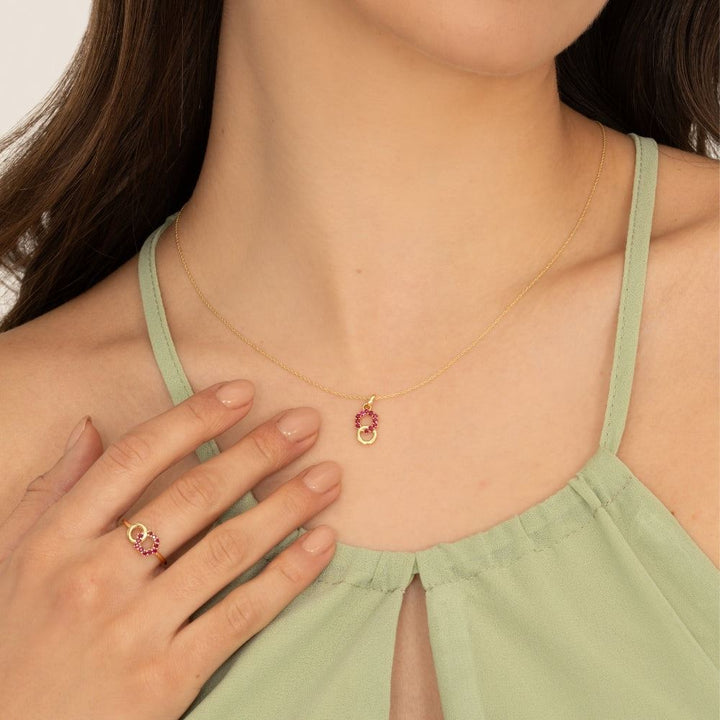 Geometric Hexagon and Round Linked with Prong set Ruby Pendant in 9ct Yellow Gold