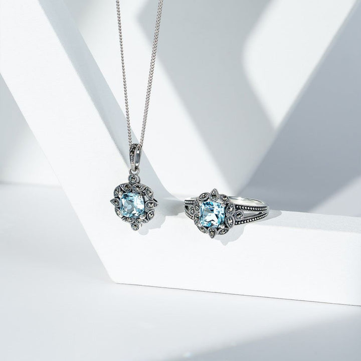 Art Deco Style Cushion Blue Topaz & Marcasite Pendant Necklace in Sterling Silver