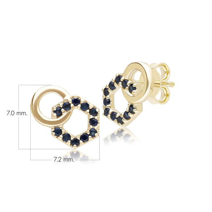 Geometric Hexagon and Round Linked with Prong set Sapphire Stud Earrings in 9ct Yellow Gold