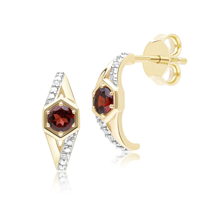 Geometric Hexagon with Prong set Round Garnet and Diamond Half Hoop Earrings in 9ct Yellow Gold