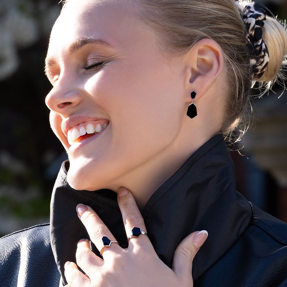 Grand Deco Hexagon Necktie Black Onyx Ring in Sterling Silver
