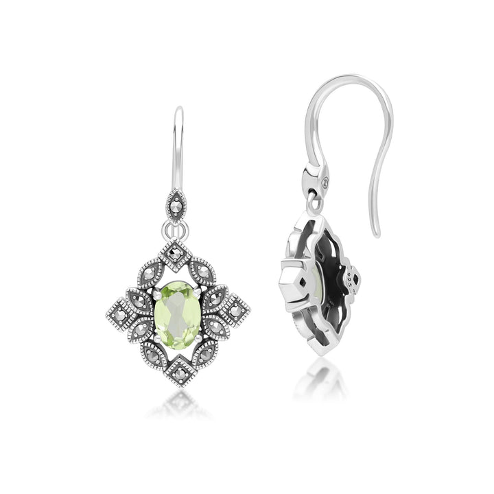 Art Deco Style Oval Peridot & Marcasite Drop Earrings in Sterling Silver