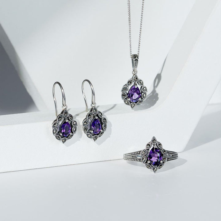 Art Deco Style Pear Amethyst & Marcasite Pendant Necklace in Sterling Silver
