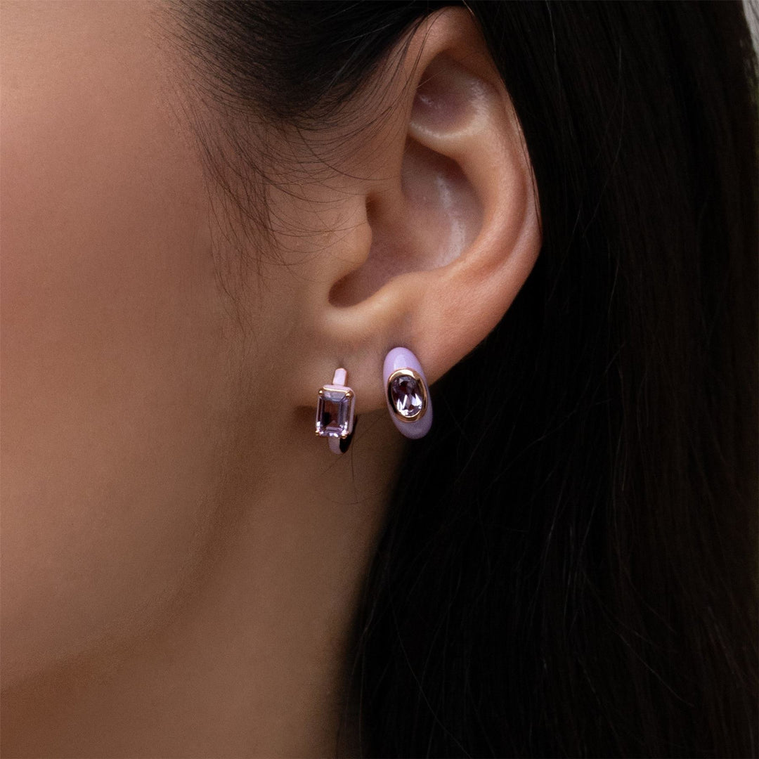 Siberian Waltz Violet Enamel & Octagon Amethyst Hoop Earrings In Rose Gold Vermeil