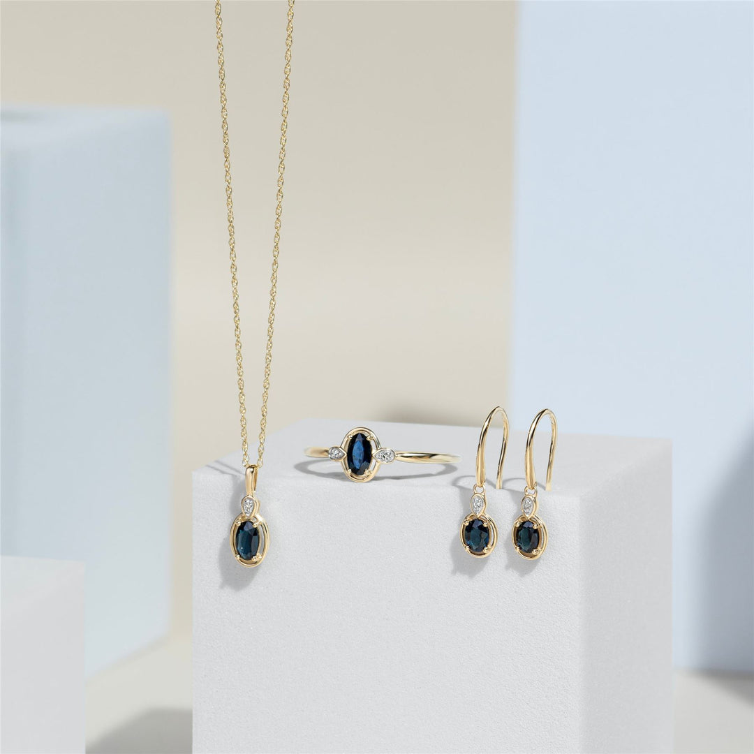 Classic Oval Sapphire & Round Diamond Drop Earrings In 9ct Yellow Gold