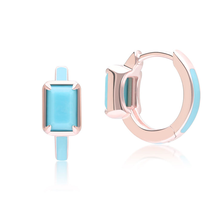 Siberian Waltz Blue Enamel & Octagon Turquoise Hoop Earrings In Rose Gold Vermeil
