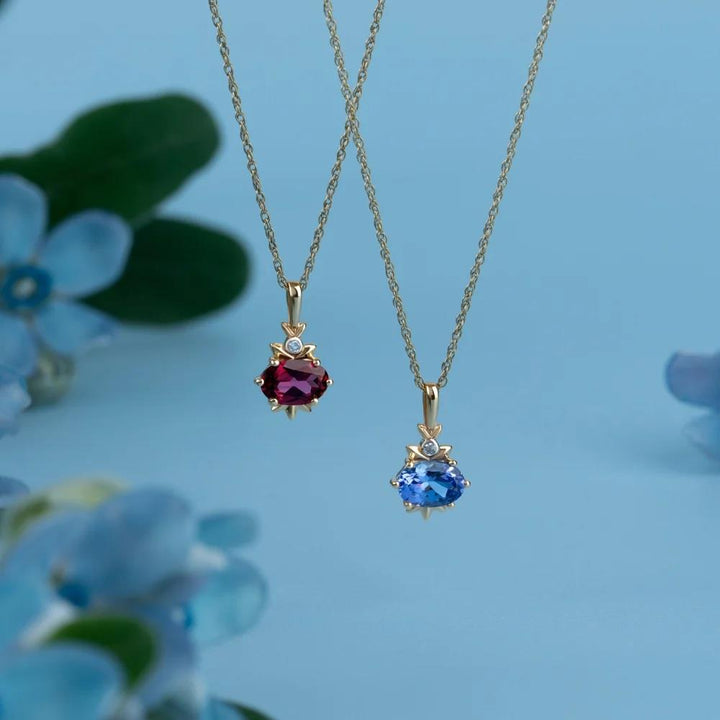 Classic Oval Rhodolite & Diamond Pendant Necklace in 9ct Yellow Gold