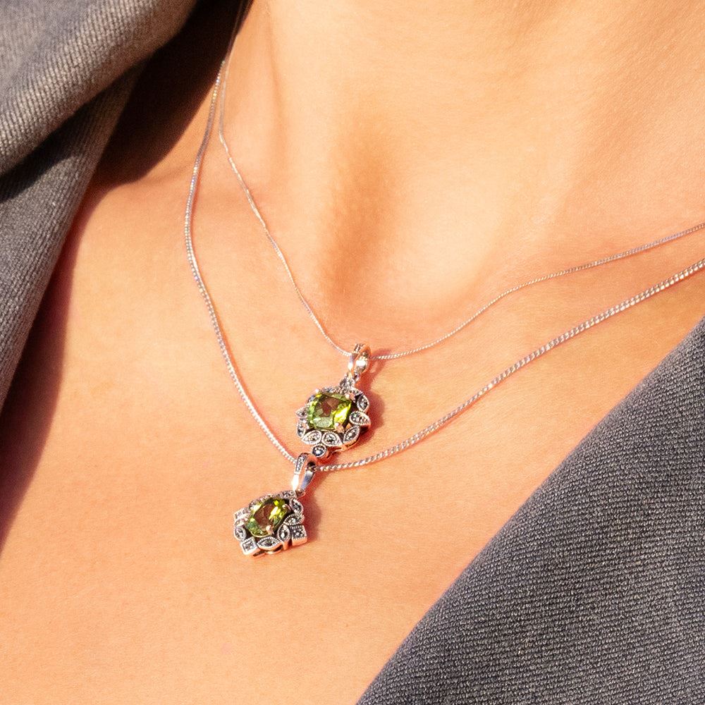 Art Deco Style Cushion Peridot & Marcasite Pendant Necklace in Sterling Silver