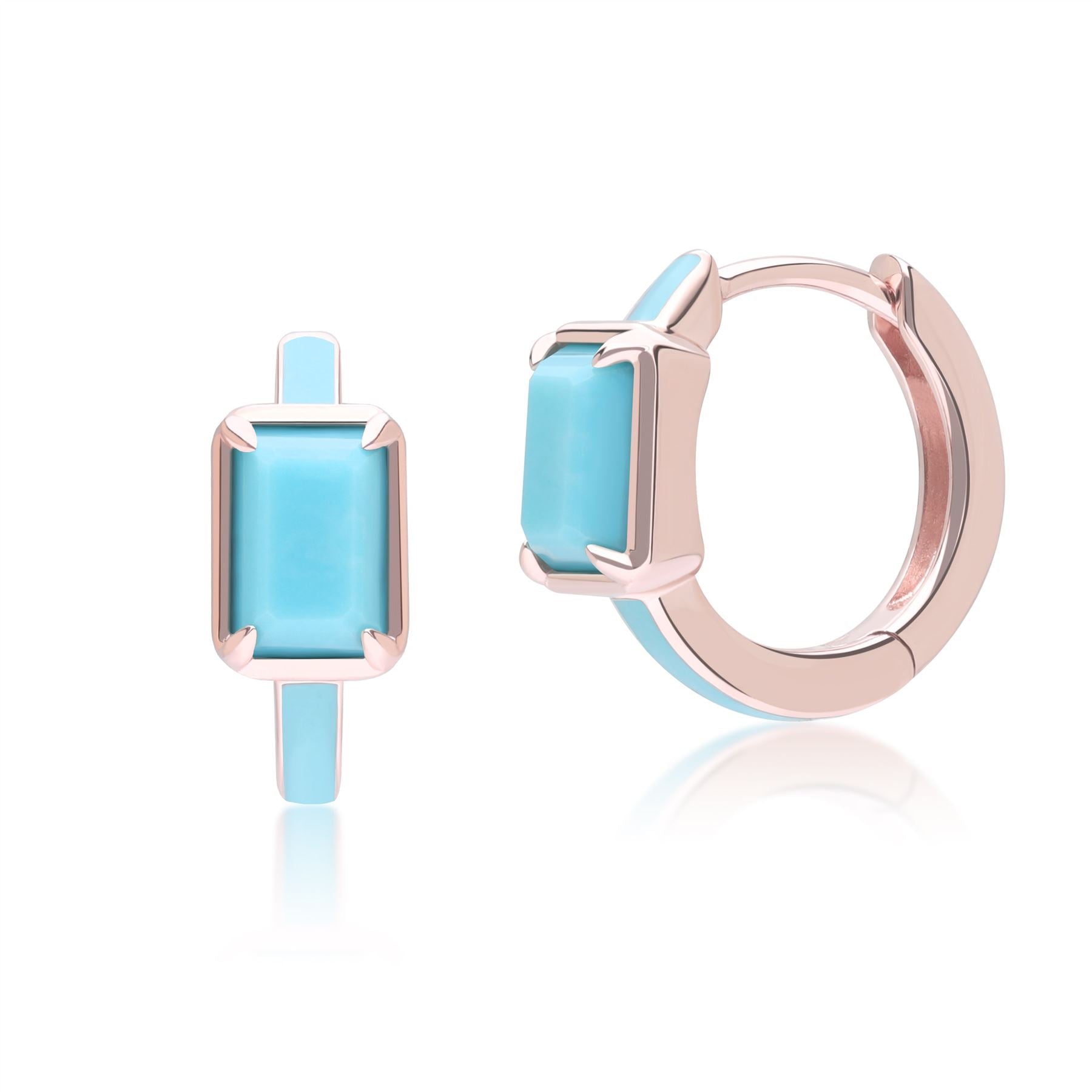 Siberian Waltz Blue Enamel & Octagon Turquoise Hoop Earrings In Rose Gold Vermeil