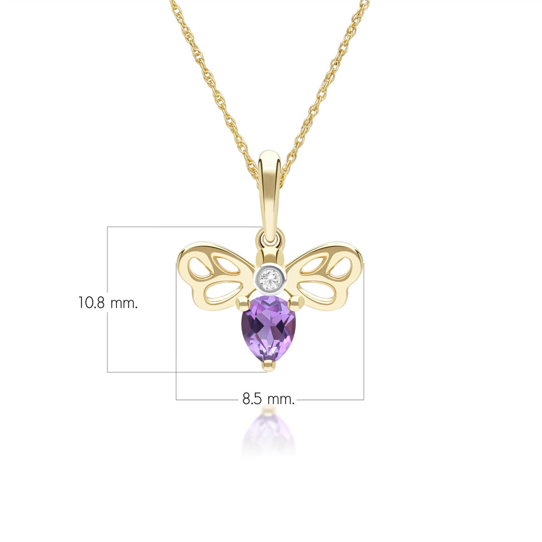 Honeycomb Art Nouveau Pear Shape Amethyst and Diamond Bee Pendant Necklace in 9ct Yellow Gold
