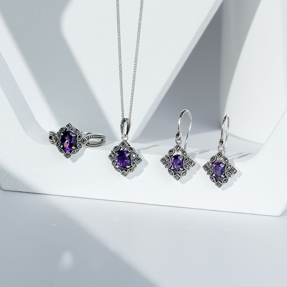 Art Deco Style Oval Amethyst & Marcasite Drop Earrings in Sterling Silver