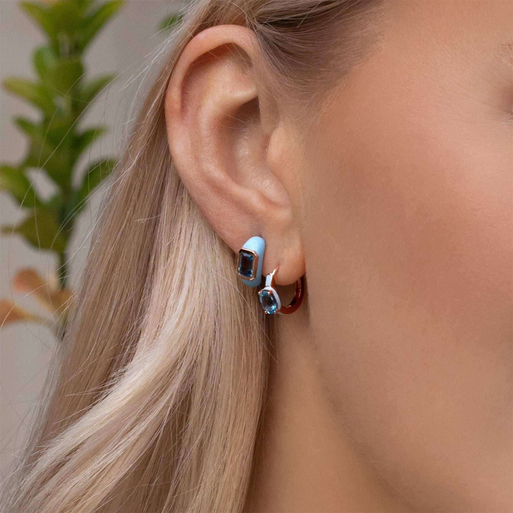 Siberian Waltz Blue Enamel & Oval Sky Blue Topaz Hoop Earrings In Rose Gold Vermeil