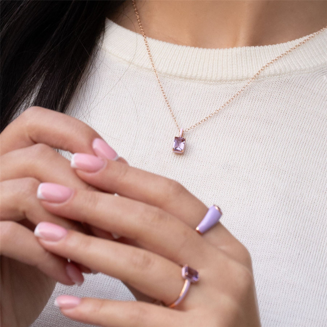 Siberian Waltz Violet Enamel & Octagon Amethyst Pendant Necklace In Rose Gold Vermeil