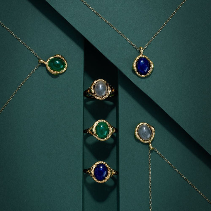 ECFEW™ Oval lapis lazuli snake two-headed coiled bezel-set cabochon pendant necklace in gold vermeil sterling silver
