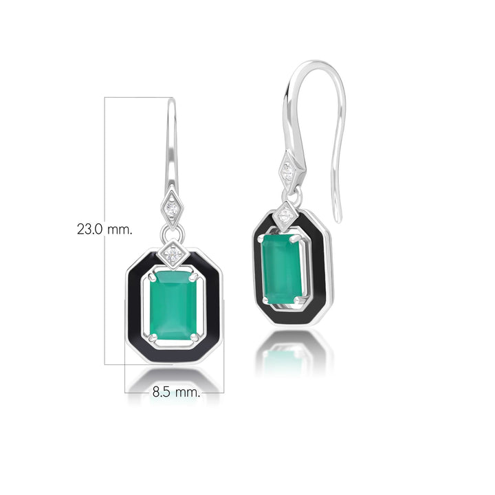 Grand Deco Black Enamel, Green Chalcedony & Topaz Drop Earrings in Sterling Silver