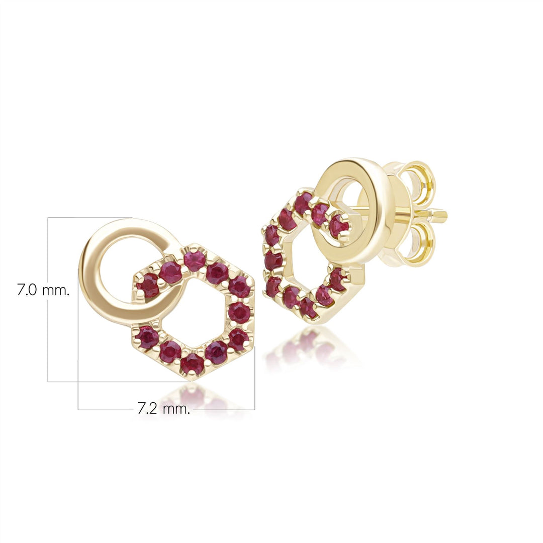 Geometric Hexagon and Round Linked with Prong set Ruby Stud Earrings in 9ct Yellow Gold
