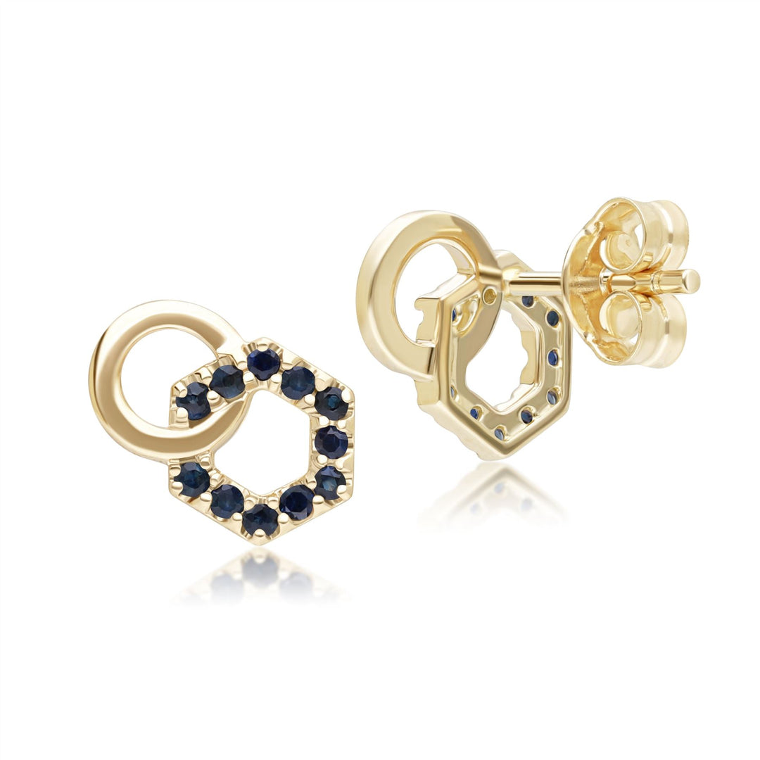 Geometric Hexagon and Round Linked with Prong set Sapphire Stud Earrings in 9ct Yellow Gold