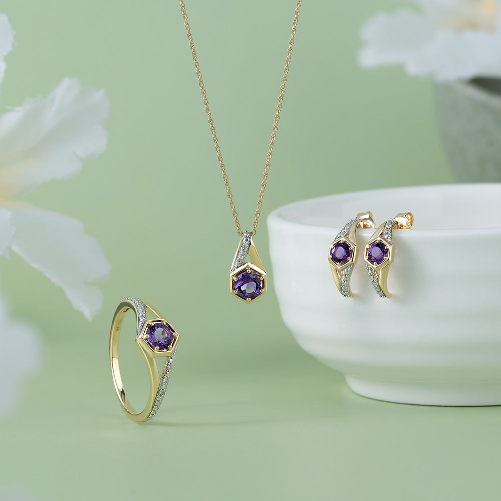 Geometric Hexagon with Prong set Round Amethyst and Diamond Half Hoop Earrings in 9ct Yellow Gold
