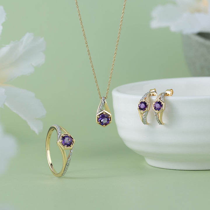Geometric Hexagon with Prong set Round Amethyst and Diamond Half Hoop Earrings in 9ct Yellow Gold