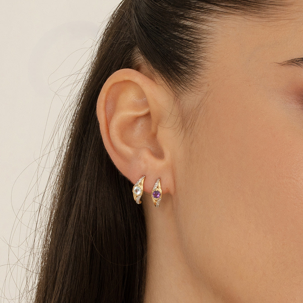 Geometric Hexagon with Prong set Round Amethyst and Diamond Half Hoop Earrings in 9ct Yellow Gold