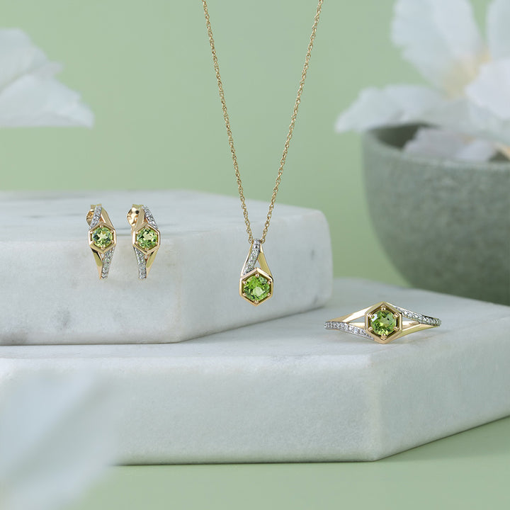 Geometric Hexagon with Prong set Round Peridot and Diamond Half Hoop Earrings in 9ct Yellow Gold