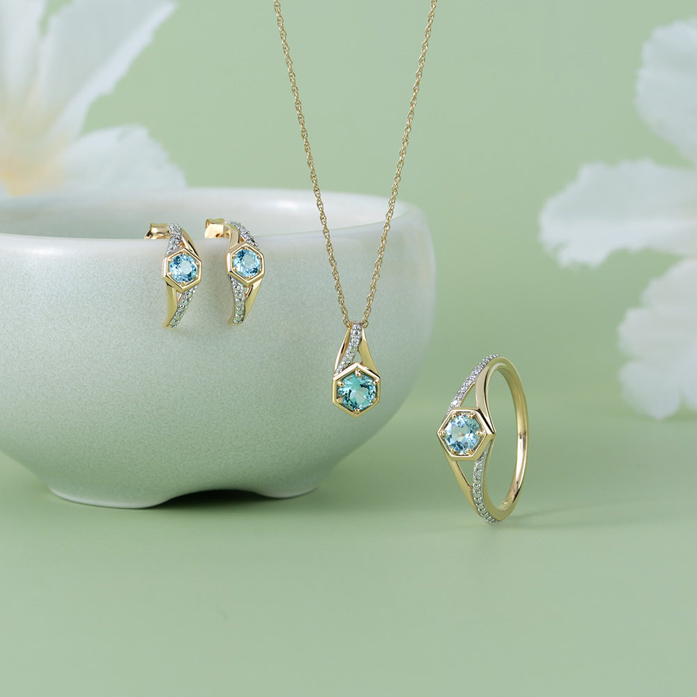Geometric Hexagon with Prong set Round Topaz and Diamond Half Hoop Earrings in 9ct Yellow Gold