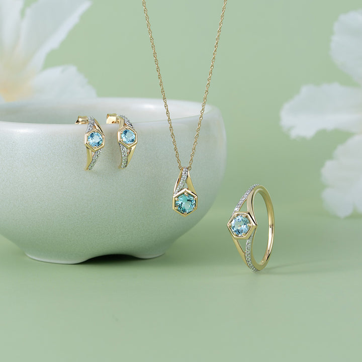 Geometric Hexagon with Prong set Round Topaz and Diamond Half Hoop Earrings in 9ct Yellow Gold