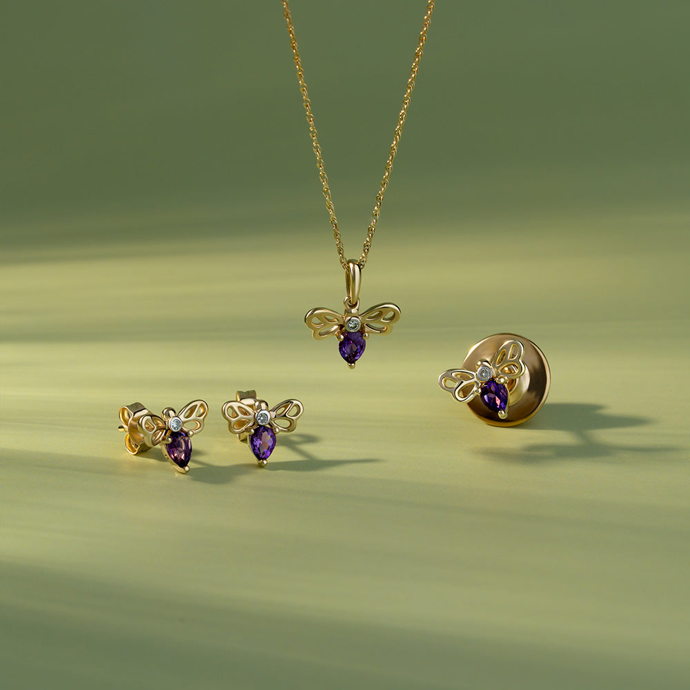 Honeycomb Art Nouveau Pear Shape Amethyst and Diamond Bee Stud Earrings in 9ct Yellow Gold