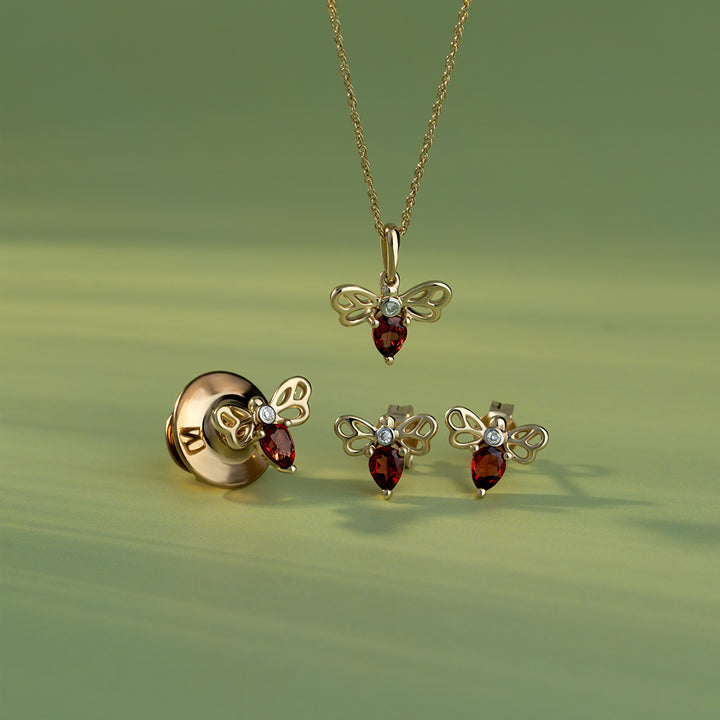 Honeycomb Art Nouveau Pear Shape Garnet and Diamond Bee Stud Earrings in 9ct Yellow Gold