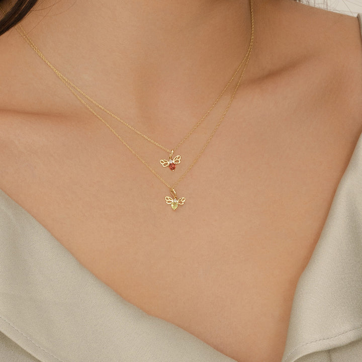Honeycomb Art Nouveau Pear Shape Peridot and Diamond Bee Pendant Necklace in 9ct Yellow Gold