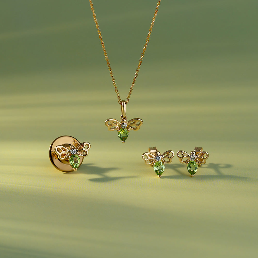 Honeycomb Art Nouveau Pear Shape Peridot and Diamond Bee Stud Earrings in 9ct Yellow Gold
