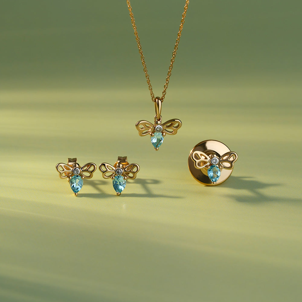 Honeycomb Art Nouveau Pear Shape Topaz and Diamond Bee Pendant Necklace in 9ct Yellow Gold
