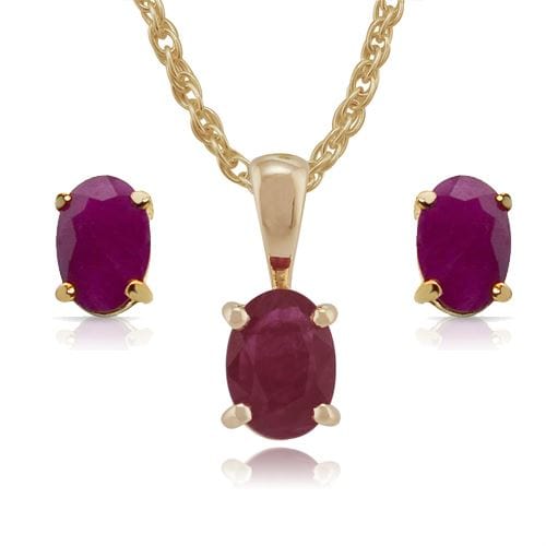 26891-27055 Classic Oval Ruby Single Stone 9ct gold Stud Earrings & Pendant Set 1