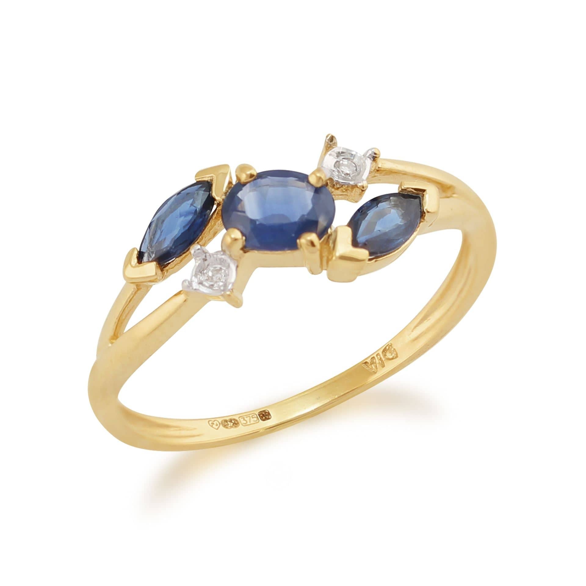 Marquise Light Blue Sapphire & Diamond Three Stone Ring in Yellow Gold