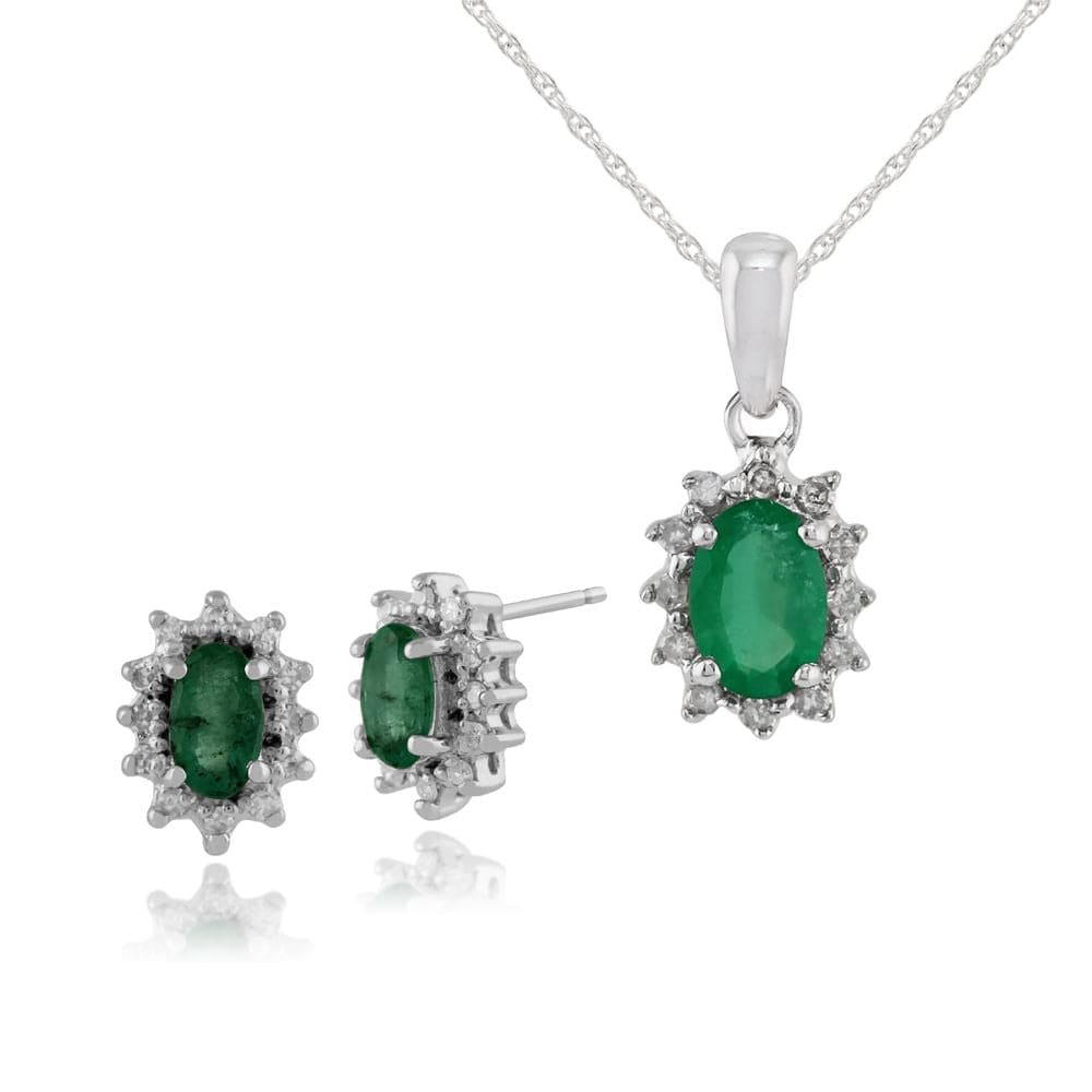 8610-7059 Classic Oval Emerald & Diamond Halo Cluster Stud Earrings & Pendant Set in 9ct White Gold 1