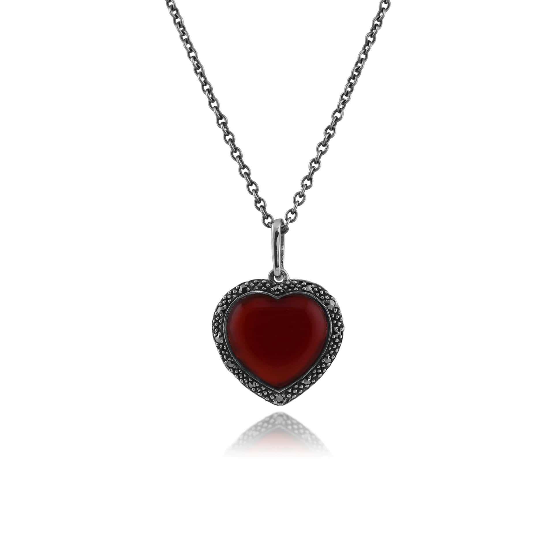 214N673601925 Art Deco Style Heart Carnelian & Marcasite Halo Love Heart Pendant in 925 Sterling Silver 1