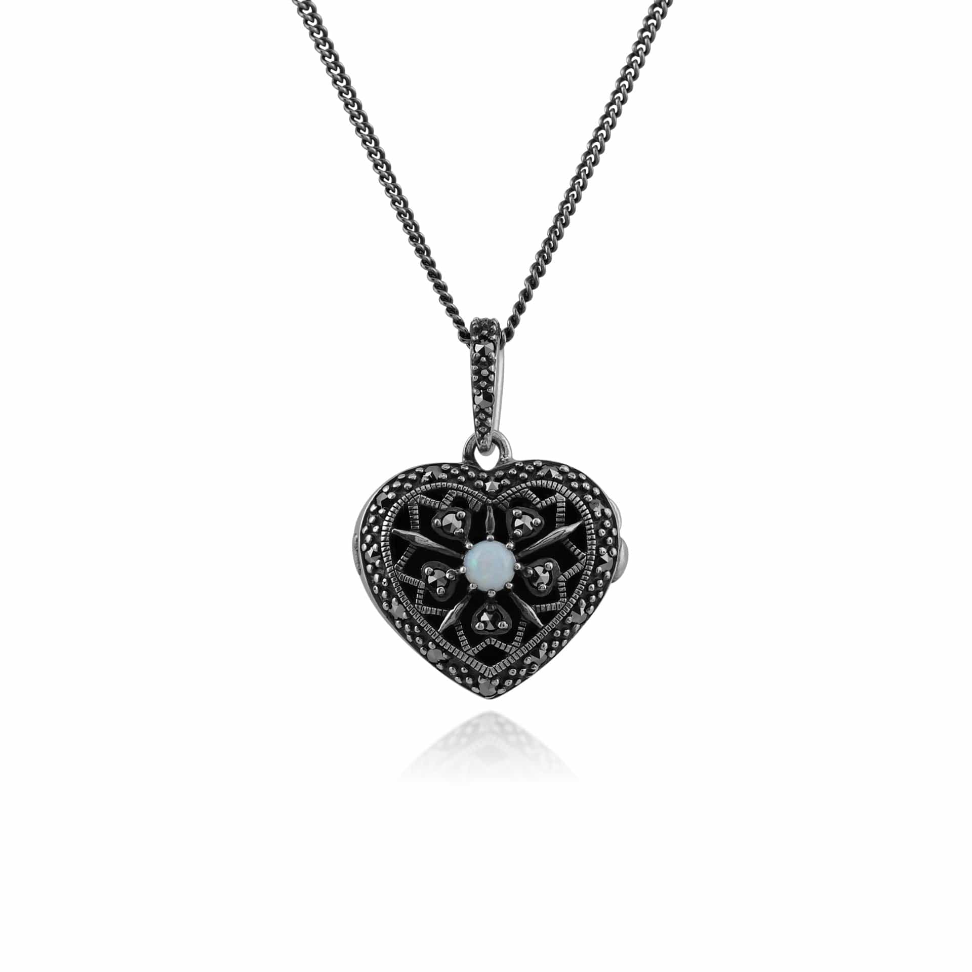 214N688401925 Art Nouveau Style Round Opal & Marcasite Heart Necklace in 925 Sterling Silver 1