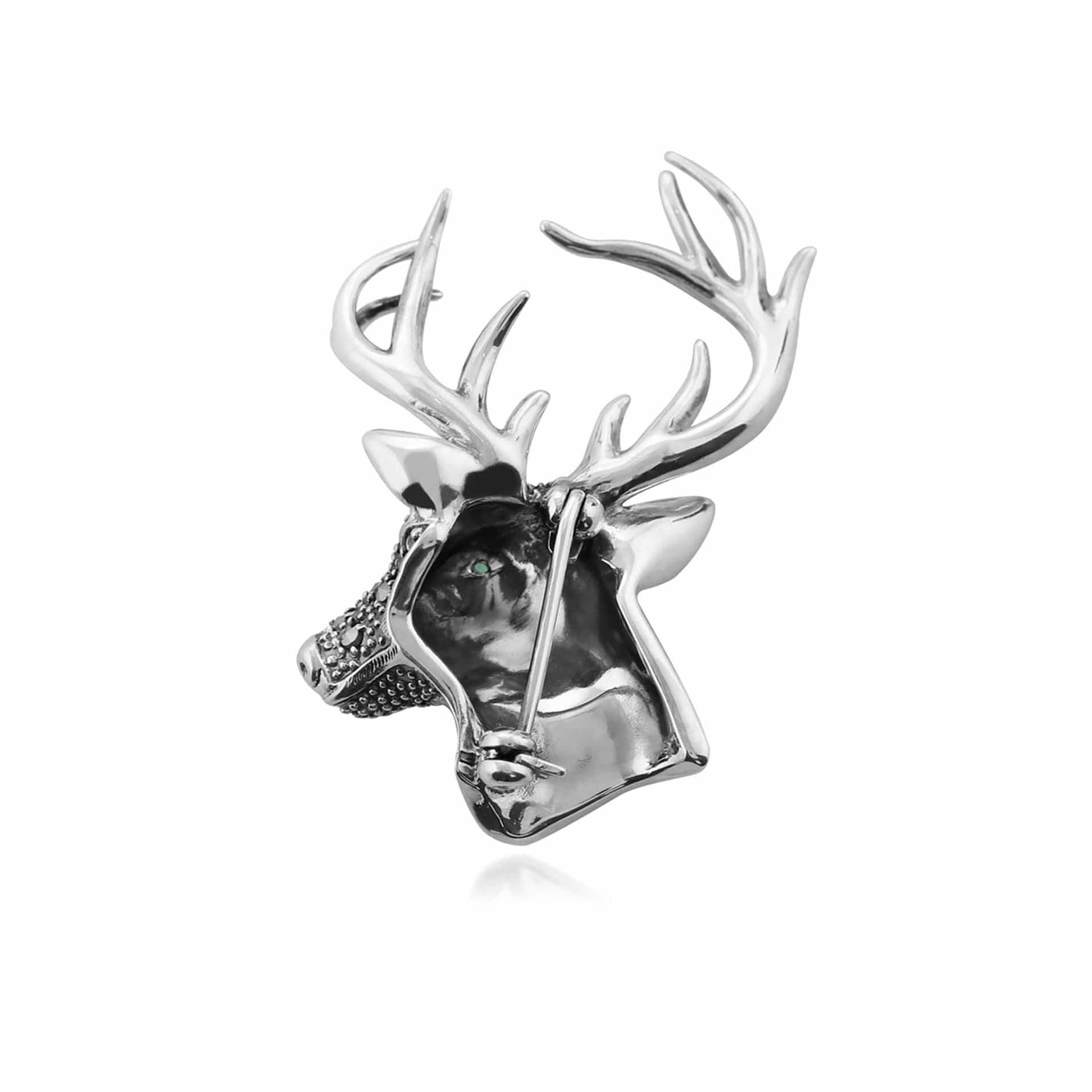 214C269701925 Classic Round Marcasite & Emerald Stag Brooch in 925 Sterling Silver 2